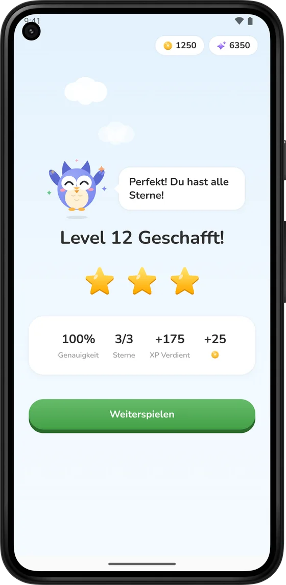 Level-geschafft-Bildschirm mit drei Sternen und Münzen