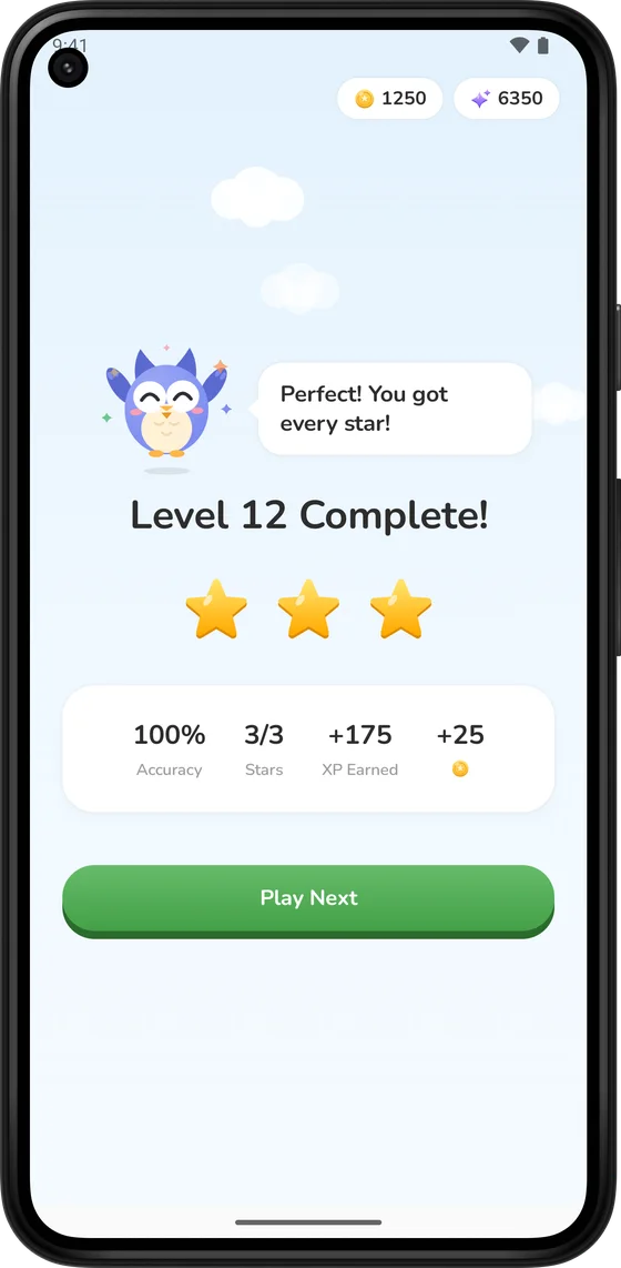 Level complete screen with three stars and coins