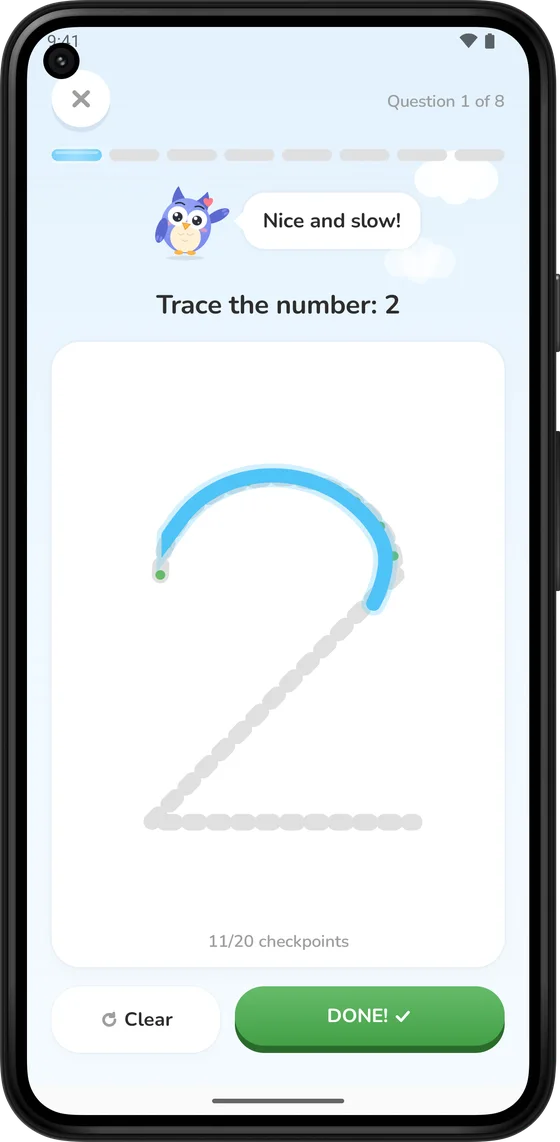 Tracing the number 2 with a finger in Math Learner