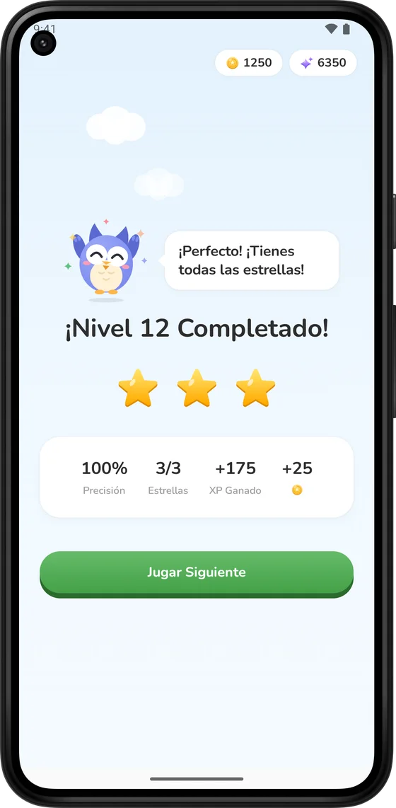 Pantalla de nivel completado con tres estrellas y monedas