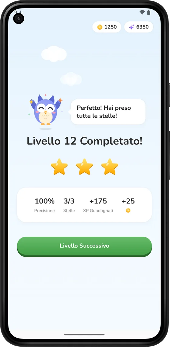 Schermata di livello completato con tre stelle e monete
