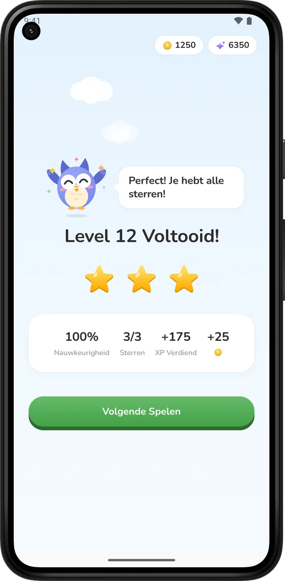 Scherm voor voltooid level met drie sterren en munten