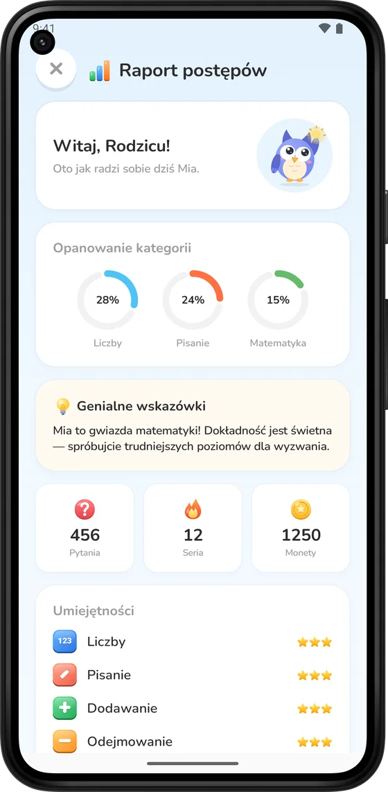 Raport postępów dla rodziców, pokazujący postępy w każdej umiejętności