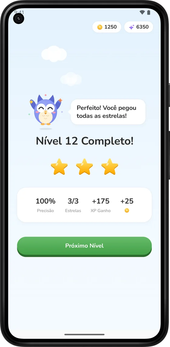 Tela de fase concluída com três estrelas e moedas