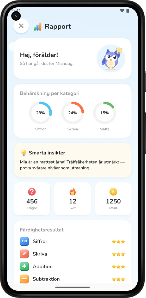 Rapporten för föräldrar, som visar framsteg per färdighet
