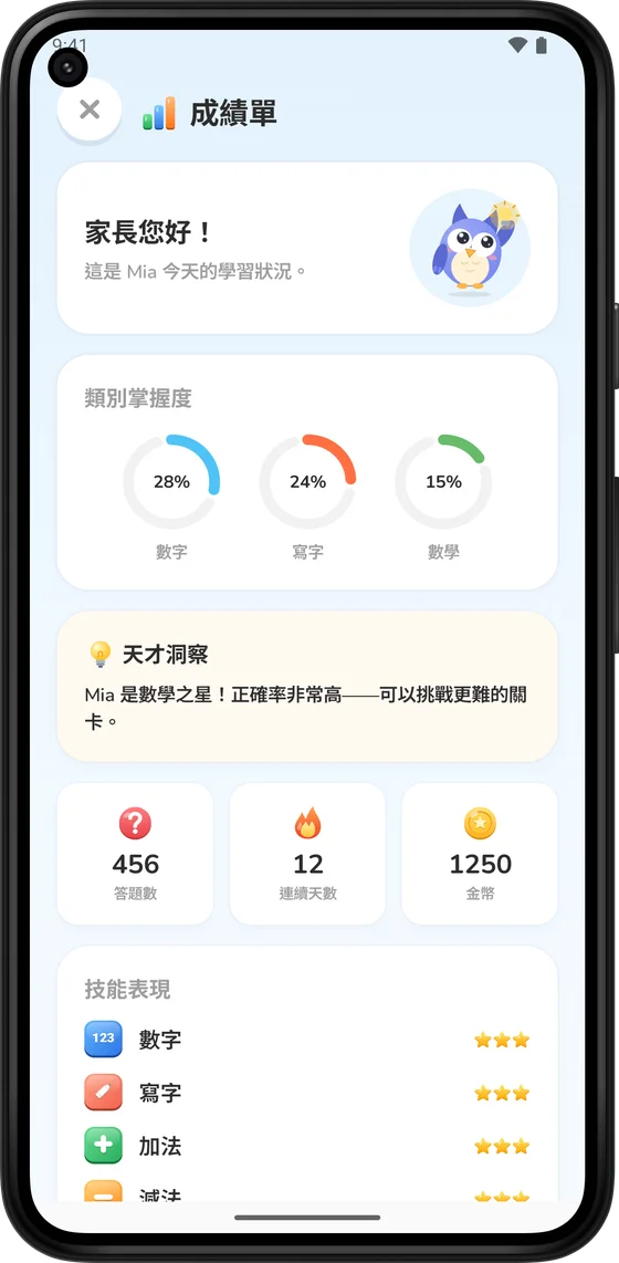給家長看的成績單，依技能顯示學習進度